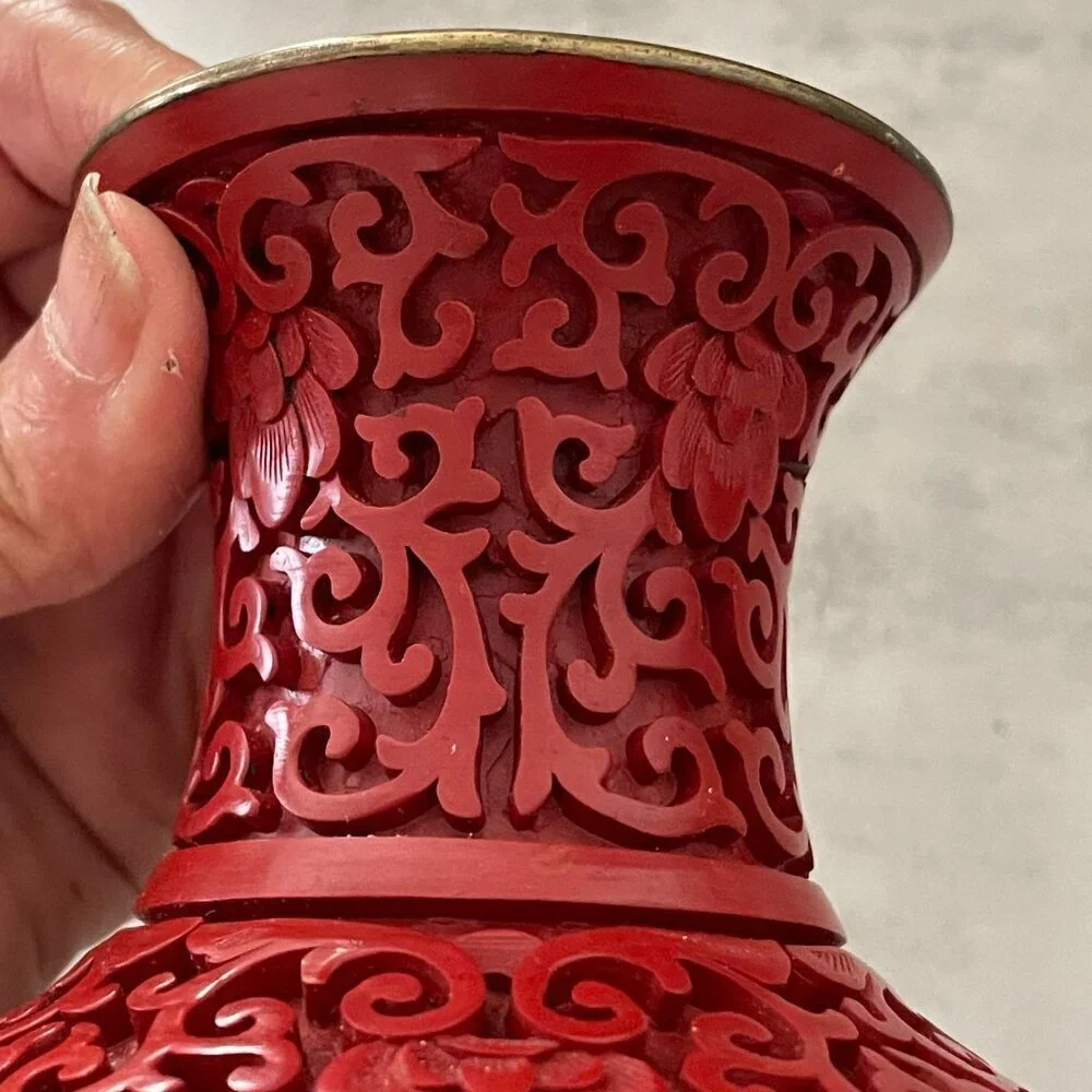 Vintage Red Cinnabar Blue Enamel Brass Hand Carved Lacquer Medium Vase 8.25